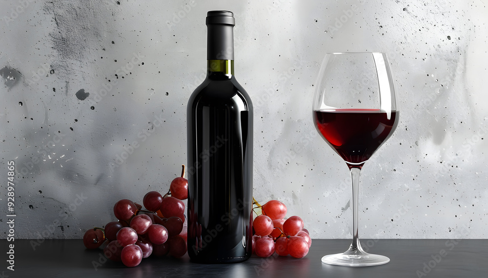 Obraz premium Bottle and glass of red wine on black table. concrete wall background