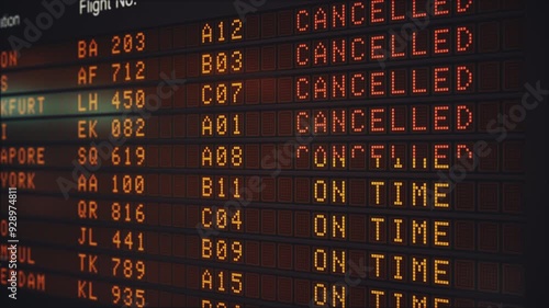 Airport departure board displaying Flight cancellations statuses. Illustrates real-time airport operations and potential travel disruptions. Ultra HD 4K 3D animation