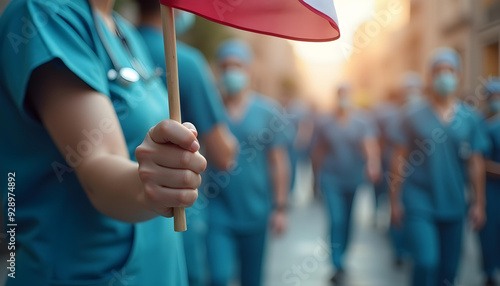 Fototapeta Naklejka Na Ścianę i Meble -  A nurse in Scrubs Holding a Small Red and White Flag, Labor Day parade celebration street