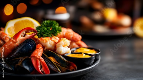 A plate of fresh seafood including shrimp, mussels, and crab claws, served with dipping sauces