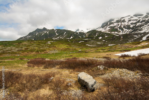 Picturesque panoramic view of the snowy Alps mountains and meadows while hiking Tour du Mont Blanc. Popular hiking route. Alps, Chamonix-Mont-Blanc region, France, Europe.