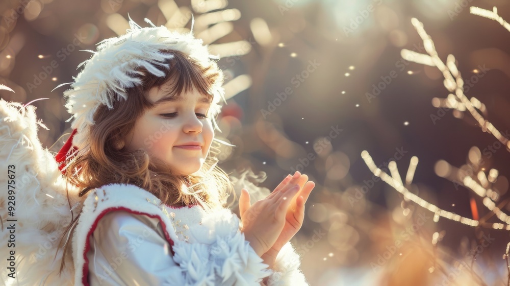 A child dressed in an angel costume enjoys the winter sunlight, clapping hands in wonder amidst a sparkling backdrop. A child dressed in an angel costume enjoys the winter sunlight, clapping hands in wonder amidst a sparkling backdrop.