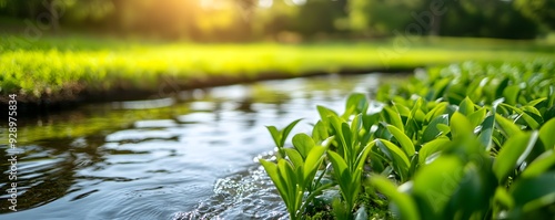 Close-up of a multi-layered water harvesting system, highlighting the integration of bioswales and retention ponds for stormwater management within a natural landscape