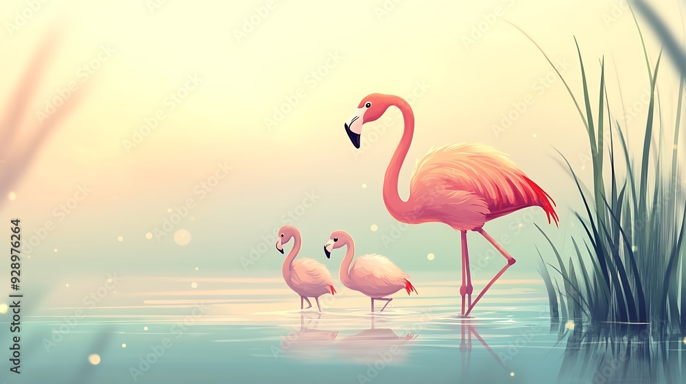 Fototapeta premium Tranquil Flamingo Family in Savannah Waters - Cartoon Style Digital Illustration
