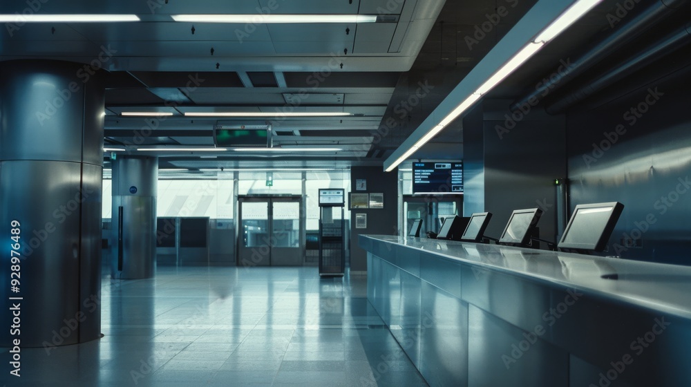 A spacious and modern airport terminal features sleek designs, digital screens, and abundant natural light, encapsulating contemporary travel experiences.