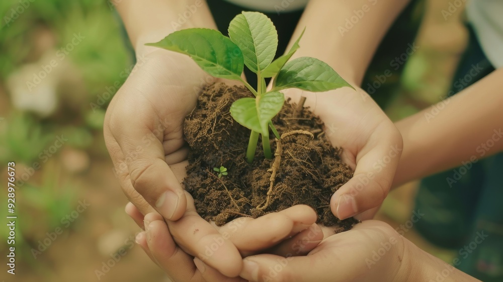 Fototapeta premium Hands cradle a young plant embedded in rich soil, symbolizing nurturing, growth, and environmental care.