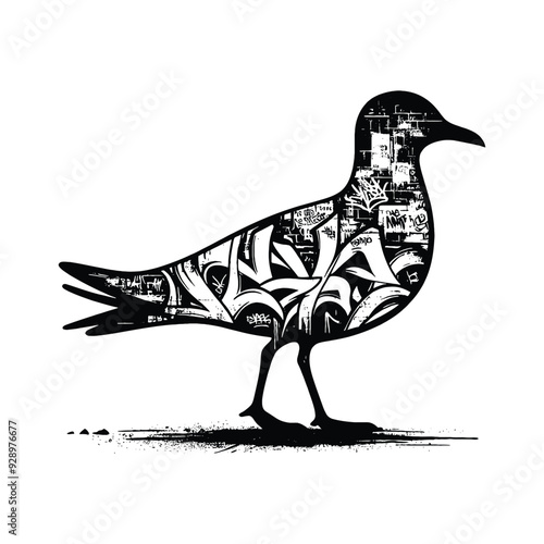 silhouette of Seagull filled with graffiti street wall in rough drawing