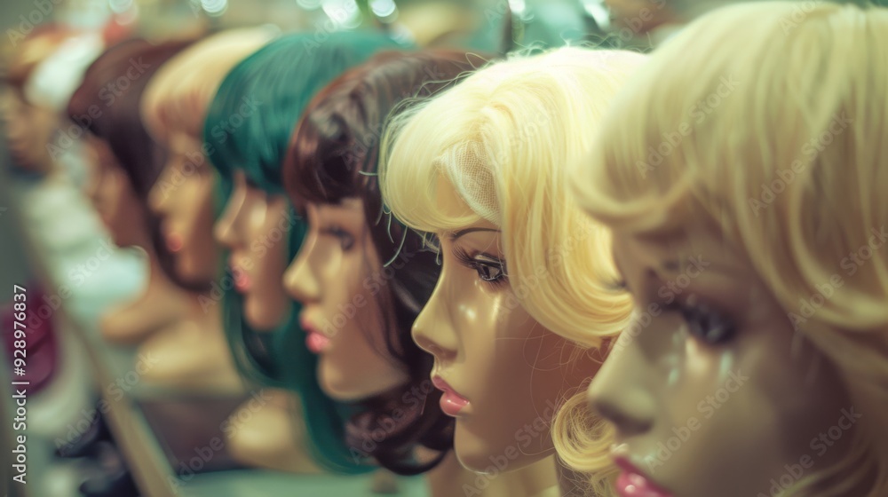 A line of mannequin heads with diverse wigs in a vibrant, well-arranged display, reflecting fashionable trends. A line of mannequin heads with diverse wigs in a vibrant, well-arranged display, reflecting fashionable trends.