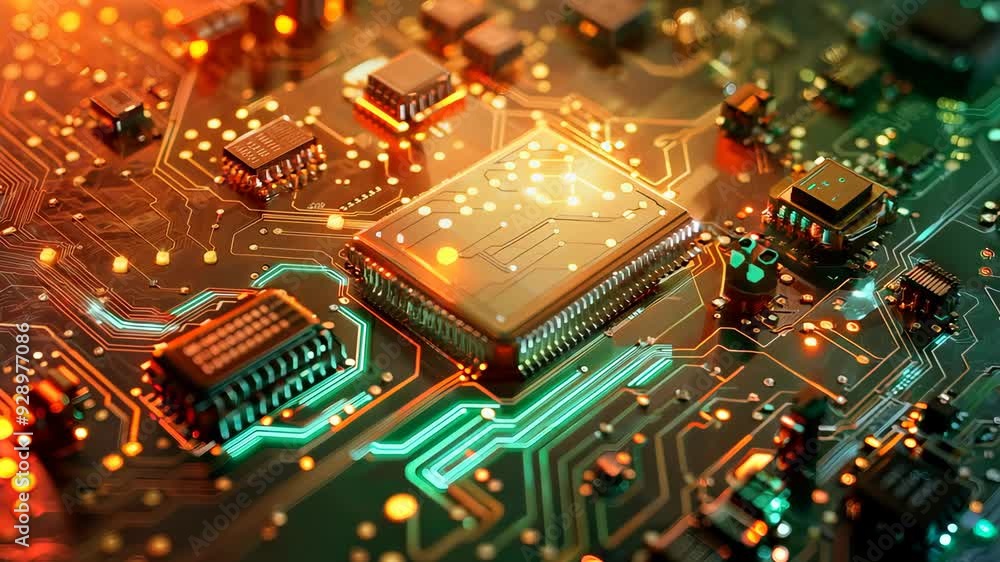 Camera moving around futuristic glowing cpu on motherboard Camera moving around futuristic glowing cpu on motherboard