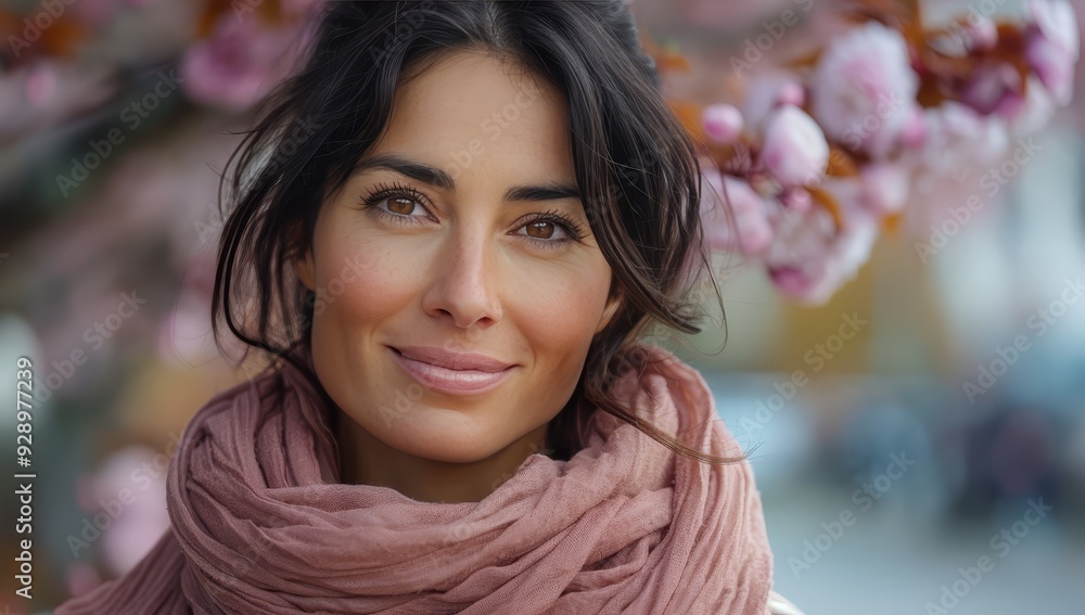A beautiful woman in her mid-40s with dark hair and brown eyes, wearing a pink scarf, is smiling gently at the camera while standing under cherry blossoms.