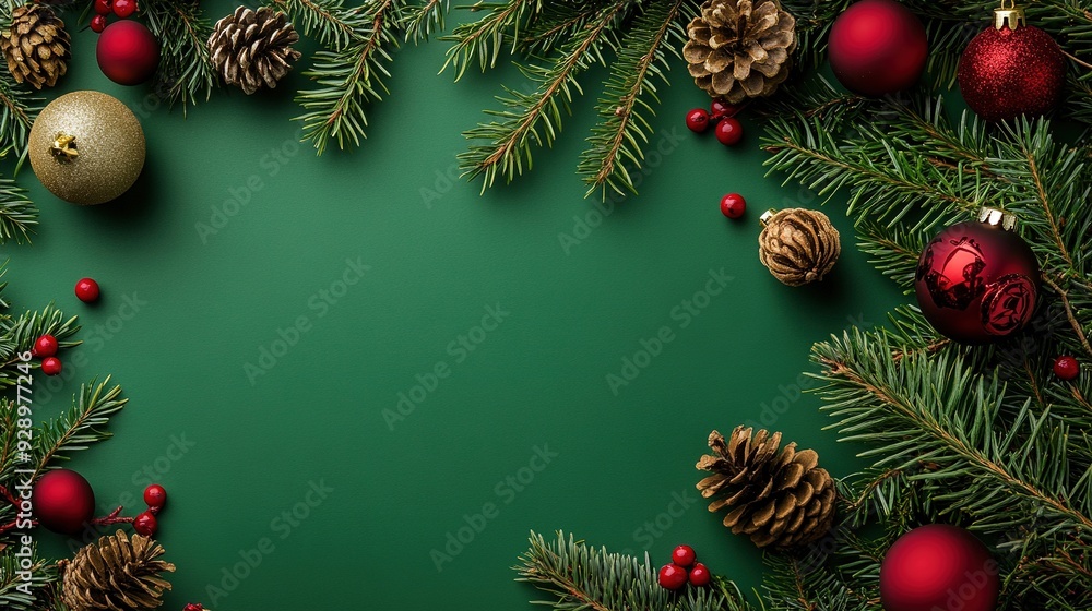 Christmas Ornament Frame: A festive arrangement of pine branches, red and gold ornaments, and pine cones form a charming frame against a vibrant green backdrop. Christmas Ornament Frame: A festive arrangement of pine branches, red and gold ornaments, and pine cones form a charming frame against a vibrant green backdrop.