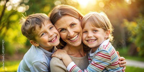 Joyful mother embracing two happy children, beaming with smiles, in a loving portrait, capturing tender family moments, happiness, and togetherness in a serene outdoor setting.