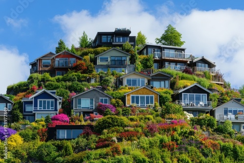 Modern hillside homes with well-maintained gardens, showcasing blooming flowers and an idyllic atmosphere against a clear blue sky, embodying tranquility and modern living.