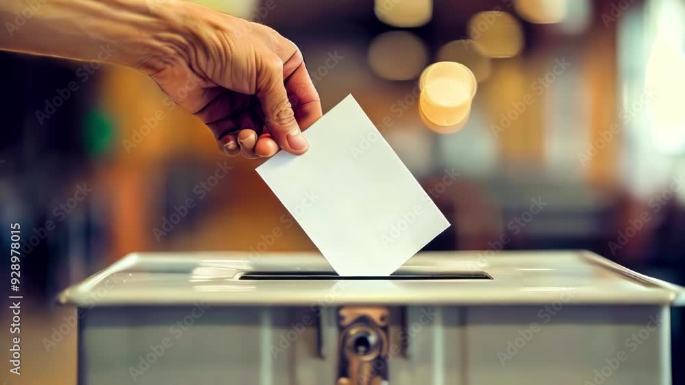 Unrecognizable person holds ballot paper over ballot box. Realization of right to vote. Unrecognizable person holds ballot paper over ballot box. Realization of right to vote.