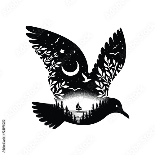 silhouette of Seagull filled with nature night view in rough drawing