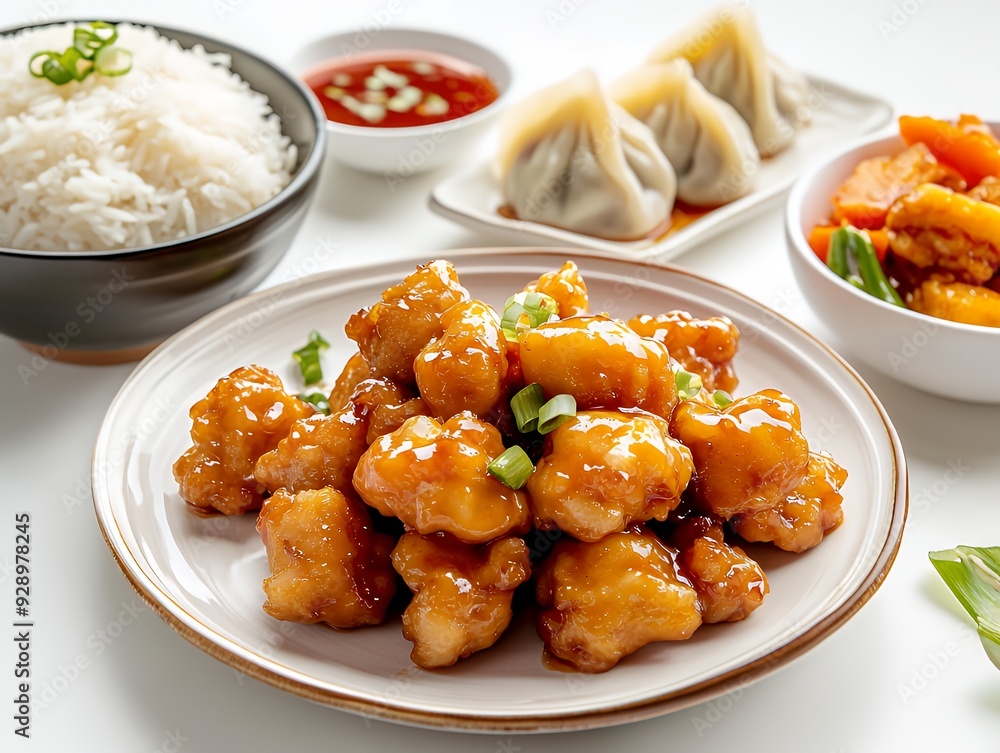Close up of a plate of orange chicken with green onions and a side of white rice.