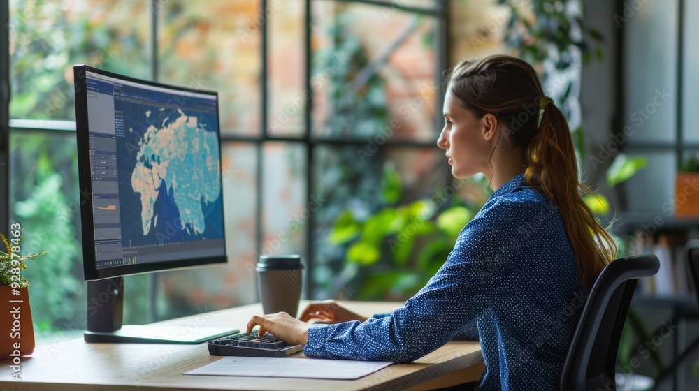 Fototapeta premium A woman intensely working on a detailed map on a large screen in a modern, natural-lit workspace.