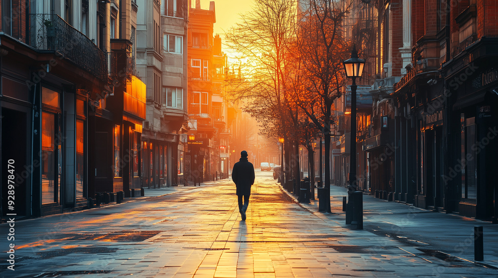 Silhouette of a Person Walking in a Tranquil Urban Street at Sunrise Silhouette of a Person Walking in a Tranquil Urban Street at Sunrise