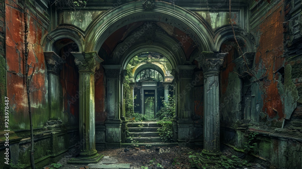 Fototapeta premium Overgrown ruins of an abandoned building with arches and moss in daylight
