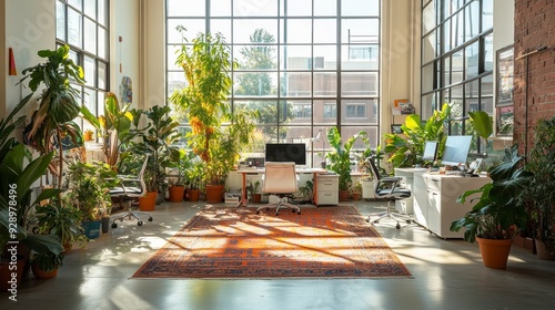 Modern bright sunny open plan office interior with plants