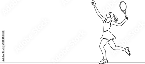 continuous single line drawing of female tennis player serving the ball, line art vector illustration