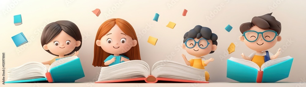 Cute characters happily reading books, showcasing the joy of learning and imagination in a colorful, playful design. Cute characters happily reading books, showcasing the joy of learning and imagination in a colorful, playful design.