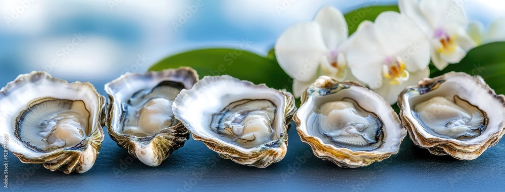 Oysters served on a beach with orchids and palm leaves under a clear blue sky Oysters served on a beach with orchids and palm leaves under a clear blue sky