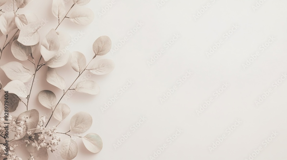Eucalyptus Branch Minimalist Design: A serene and elegant image featuring a single branch of eucalyptus leaves against a soft white background. Eucalyptus Branch Minimalist Design: A serene and elegant image featuring a single branch of eucalyptus leaves against a soft white background.