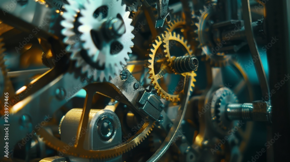 Fototapeta premium Intricate gears in bronze and silver interlock precisely, showcasing the beauty of mechanical craftsmanship and engineering.