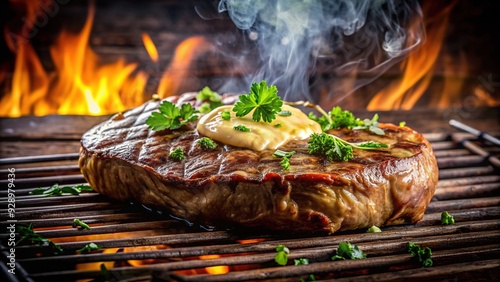 Juicy sirloin steak sizzles on a smoky grill, tantalizingly topped with a pat of golden butter and fresh parsley, against a dark, rustic background. photo