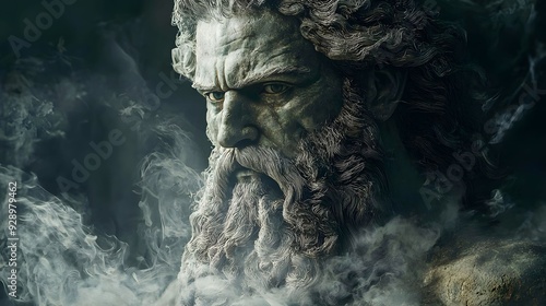 A majestic statue of a bearded figure surrounded by a misty atmosphere, embodying strength and ancient wisdom.