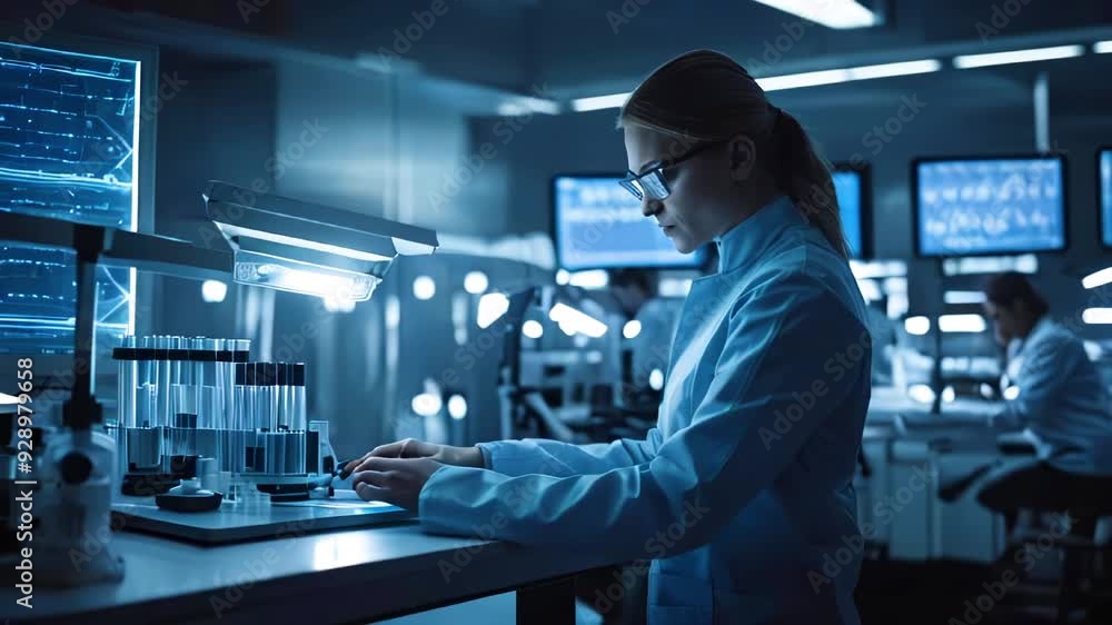 Portrait of female laboratory assistant at workplace. Middle aged woman in glasses working with biological materials in test tubes in laboratory, arc shot. Portrait of female laboratory assistant at workplace. Middle aged woman in glasses working with biological materials in test tubes in laboratory, arc shot.