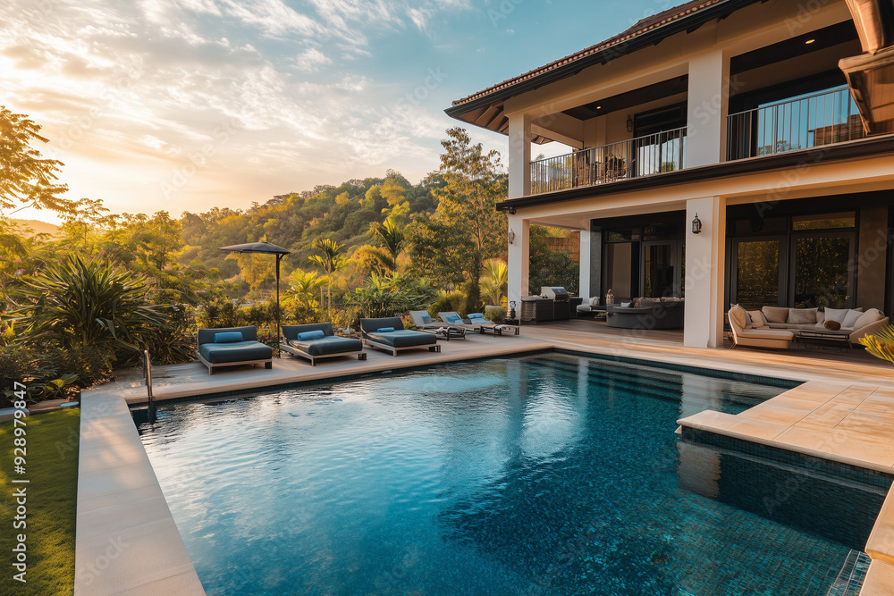 Pool villa with swimming pool in the jungle view, Landscape view of modern house with pool for recreation.
Pool villa with swimming pool in the jungle view, Landscape view of modern house with pool for recreation.