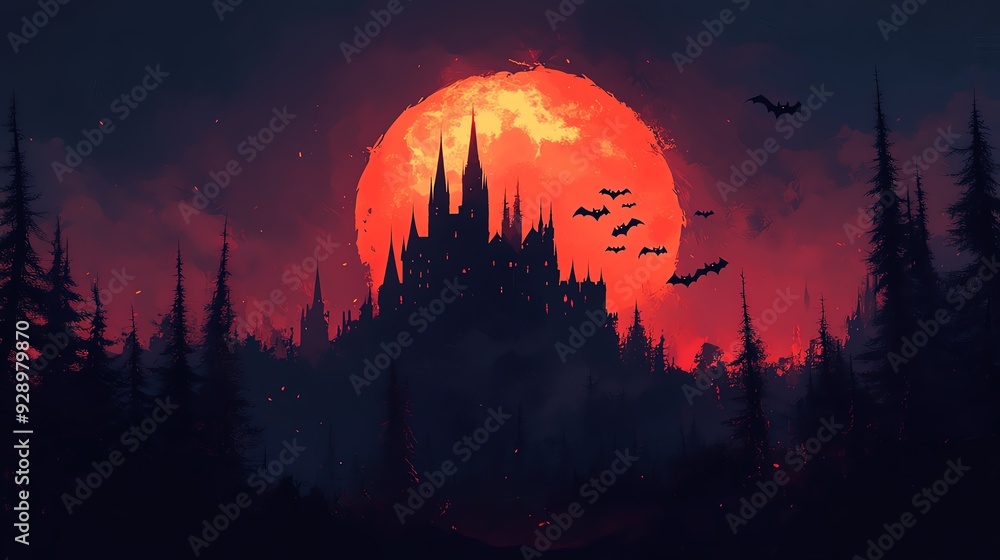Silhouette of a spooky castle against a blood red moon and a dark forest. Silhouette of a spooky castle against a blood red moon and a dark forest.