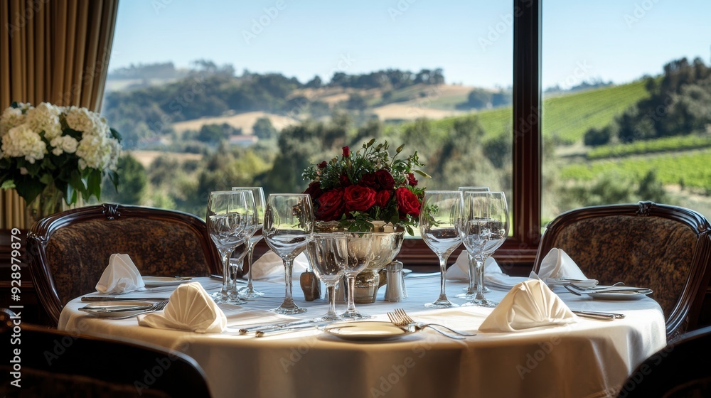 Fototapeta premium Elegantly set table awaiting guests overlooking vineyard