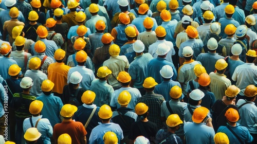Brightly colored hard hats of construction workers form a mosaic pattern as they congregate, emphasizing safety and solidarity on the worksite.