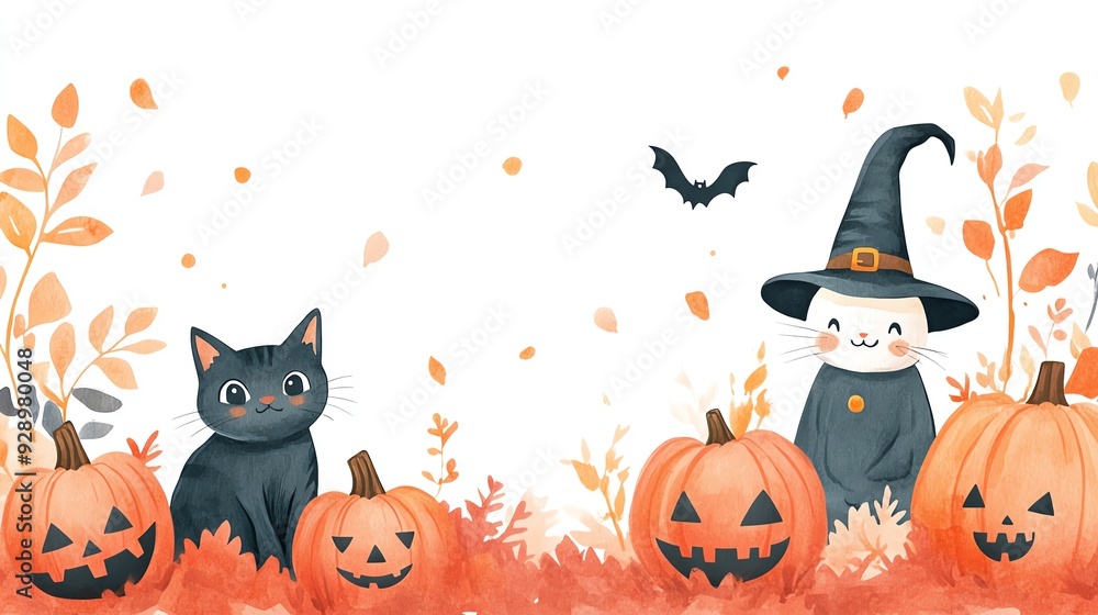 Cute witch girl with black cat and pumpkins for Halloween Cute witch girl with black cat and pumpkins for Halloween