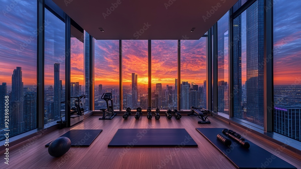 Fototapeta premium Modern empty gym offering stunning sunset view over city skyline