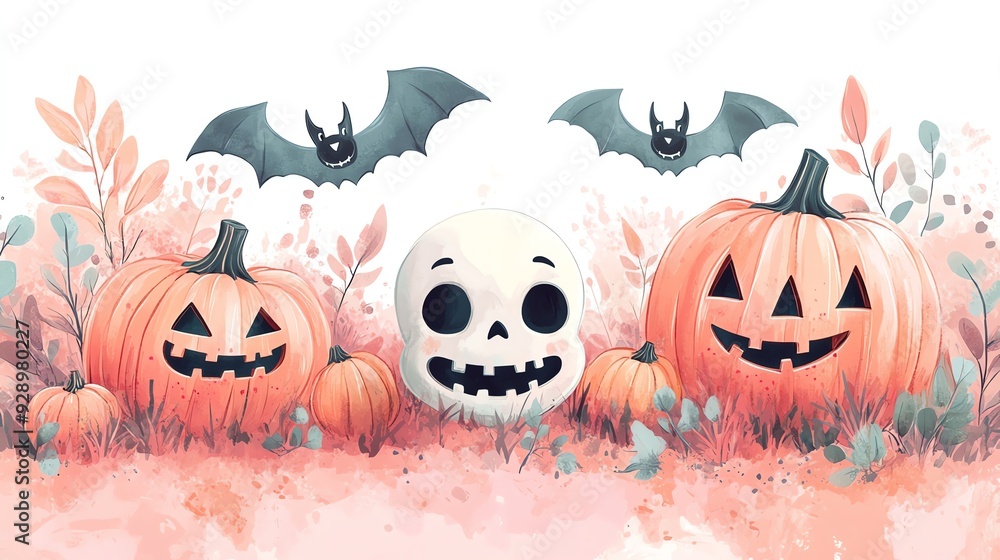 Fototapeta premium Cute Halloween illustration with pumpkins, skull, and bats.