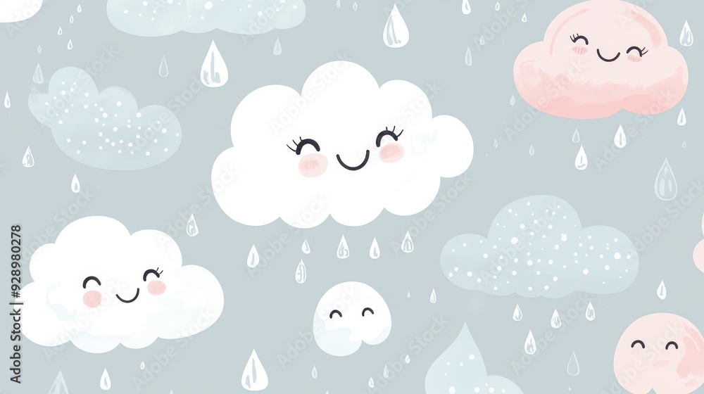 A playful illustration of smiling clouds with raindrops on a soft background. A playful illustration of smiling clouds with raindrops on a soft background.