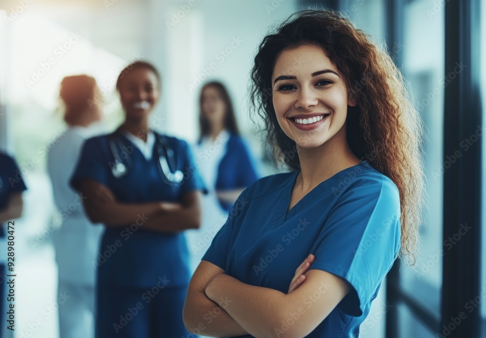 Fototapeta premium Confident female nurse smiling with team in background