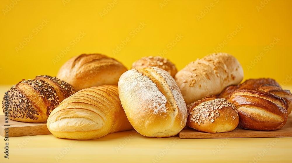 Various freshly baked bread on a yellow background. Various freshly baked bread on a yellow background.