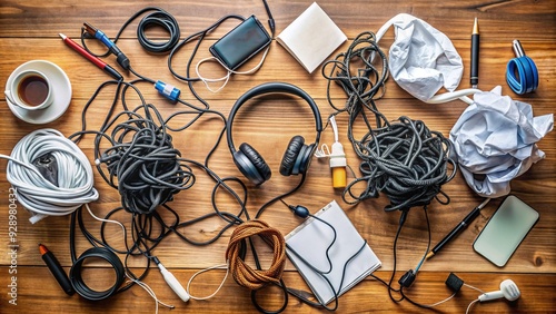 Knotted and twisted headphone cords lay strewn across a cluttered desk, surrounded by crumpled papers, forgotten pens, and scattered digital gadgets in disarray.