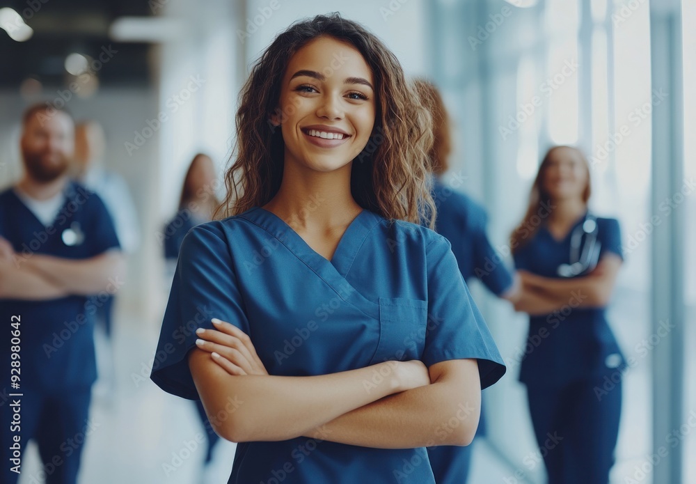 Fototapeta premium Confident female nurse standing in hospital hall.