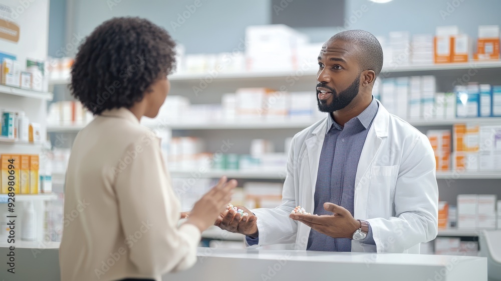A pharmacist provides guidance to a customer regarding their medications in a bright pharmacy A pharmacist provides guidance to a customer regarding their medications in a bright pharmacy