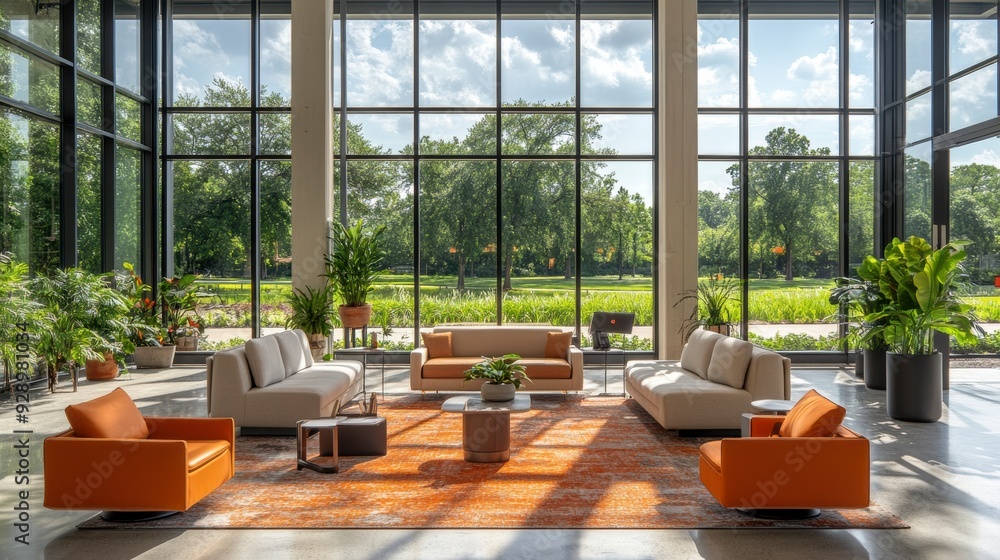 Modern coworking space with comfortable furniture and large windows overlooking nature Modern coworking space with comfortable furniture and large windows overlooking nature