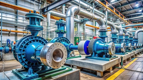 Obraz na płótnie Large centrifugal pump machinery with pipes and valves in a factory or plant, with a metallic and industrial background, conveying industry and infrastructure. w salonie