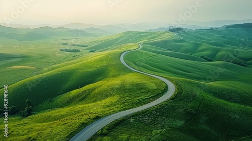 Winding road through lush green hills at sunrise in a tranquil rural landscape