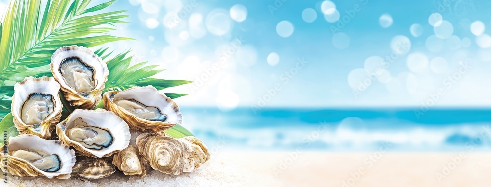 Oysters served on a beach with orchids and palm leaves under a clear blue sky Oysters served on a beach with orchids and palm leaves under a clear blue sky
