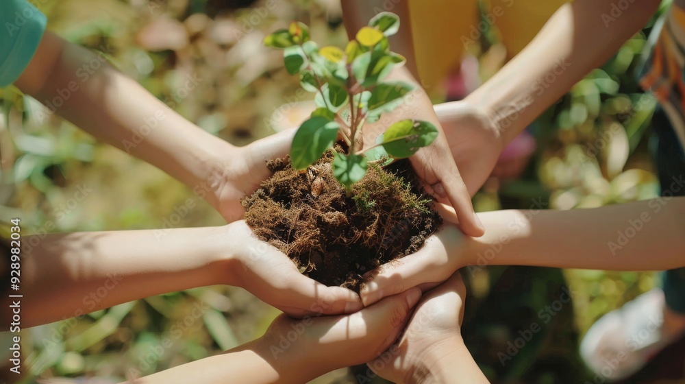 Fototapeta premium Multiple hands hold soil with a small plant, symbolizing unity, collective effort, and nurturing the environment together.